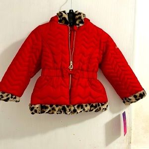 New Girls Pistachio Hooded Puffer Red Coat Jacket with full zip front closure.